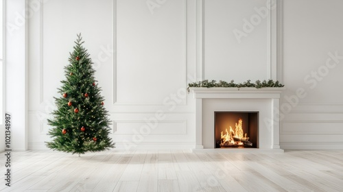 Holiday able with christmas tree and fireplace. with copy space photo