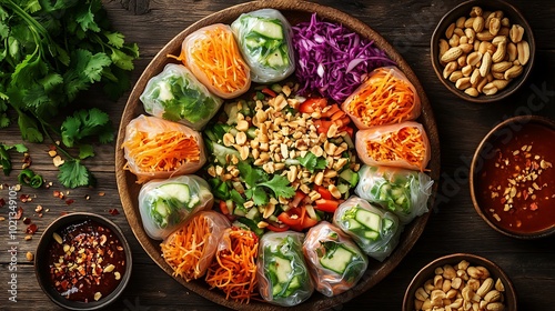 A top-down view of a plate of fresh Vietnamese spring rolls arranged in a circular pattern, showcasing the translucent rice paper and colorful ingredients inside. photo