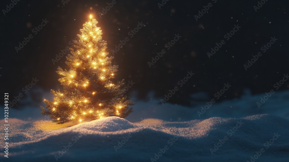 Illuminated christmas tree in the snow at night with copy space Illuminated christmas tree in the snow at night with copy space