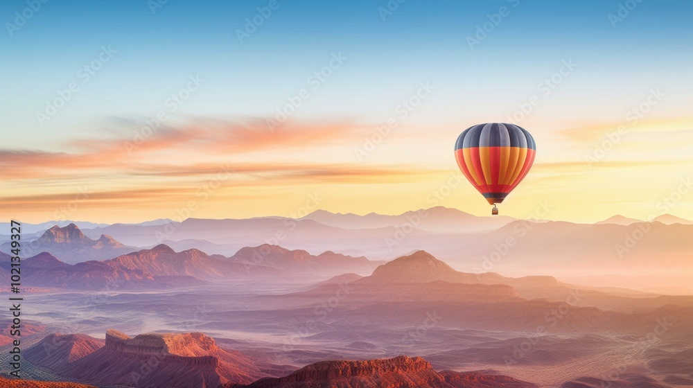 Obraz premium A vibrant hot air balloon drifts above majestic mountains, enveloped in a soft, golden light as the sun sets, creating a tranquil and dreamlike vista.