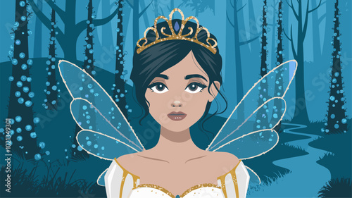 Fairy princess wearing golden tiara with sparkling sapphire accents.