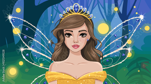 Fairy princess wearing golden tiara with sparkling sapphire accents.