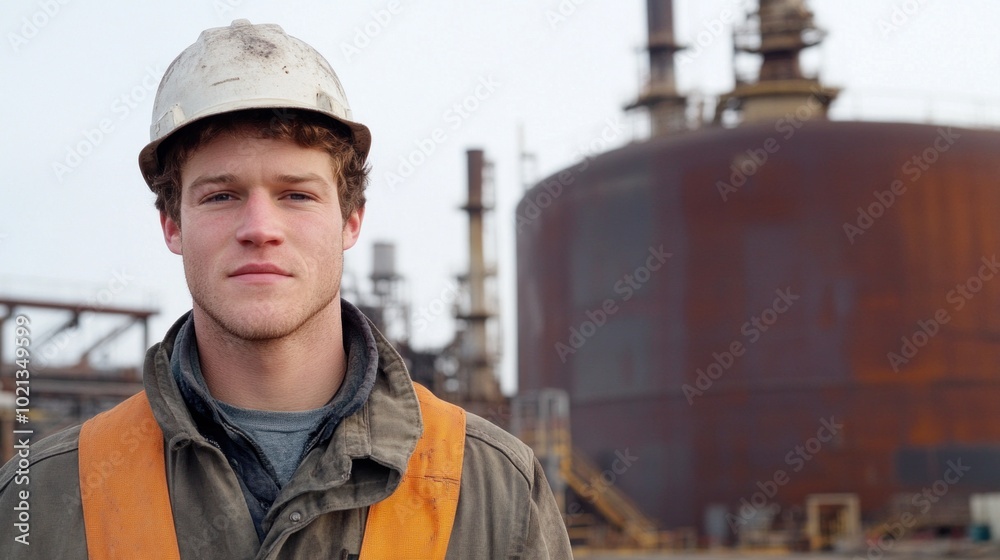 A young man wearing a helmet and work clothes stands at an industrial facility, with large storage tanks in the background. He looks determined and ready for the day's tasks