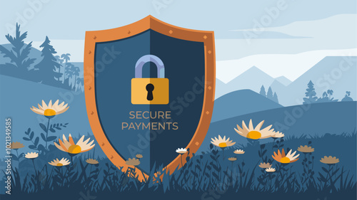 Knight's shield with golden lock and "Secure Payments" inscription in field of wildflowers.
