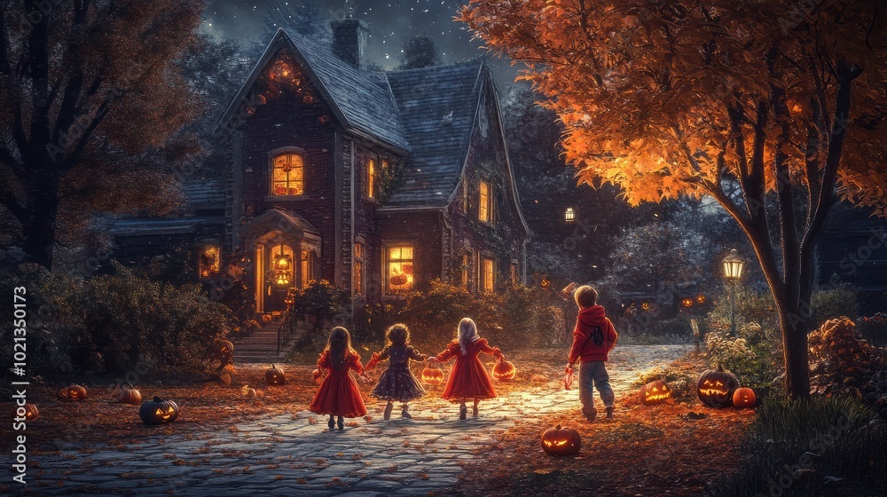 Little children trick or treating on Halloween Little children trick or treating on Halloween