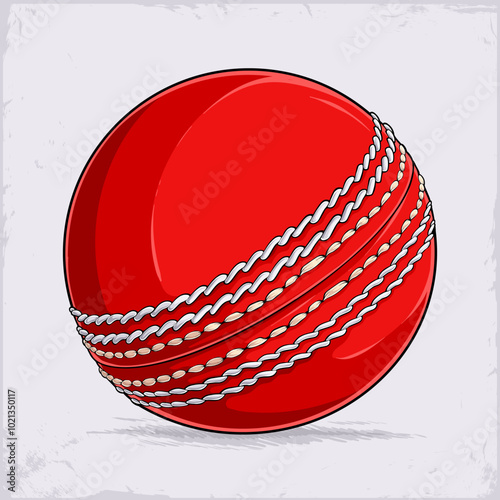 Hand drawn shiny sport red cricket ball with white and beige stitches isolated on white background