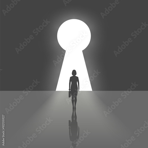 Businesswoman silhouette in suit standing in front of keyhole. Solution to problem business concept. Female looks at open opportunities. Walking go to goal. Vector illustration flat design.
