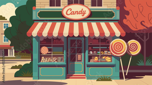 Candy shop with striped awning and giant lollipops.