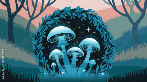 Fairy ring with glowing mushrooms in a meadow.