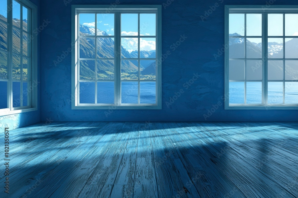 Empty Room with Windows Showing Mountains and Water Empty Room with Windows Showing Mountains and Water