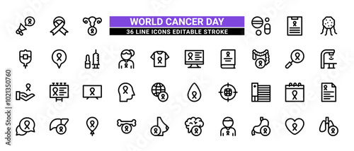 36 World Cancer Day Line Icons Set Pack Editable Stroke Vector Illustration.