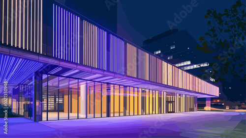 A smart hospital exterior illuminated by vibrant LED lights at night, creating a futuristic and welcoming ambiance.