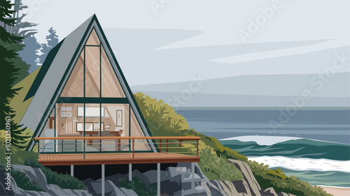 A modern A-frame cabin with stunning ocean views, offering a productive and inspiring workspace.