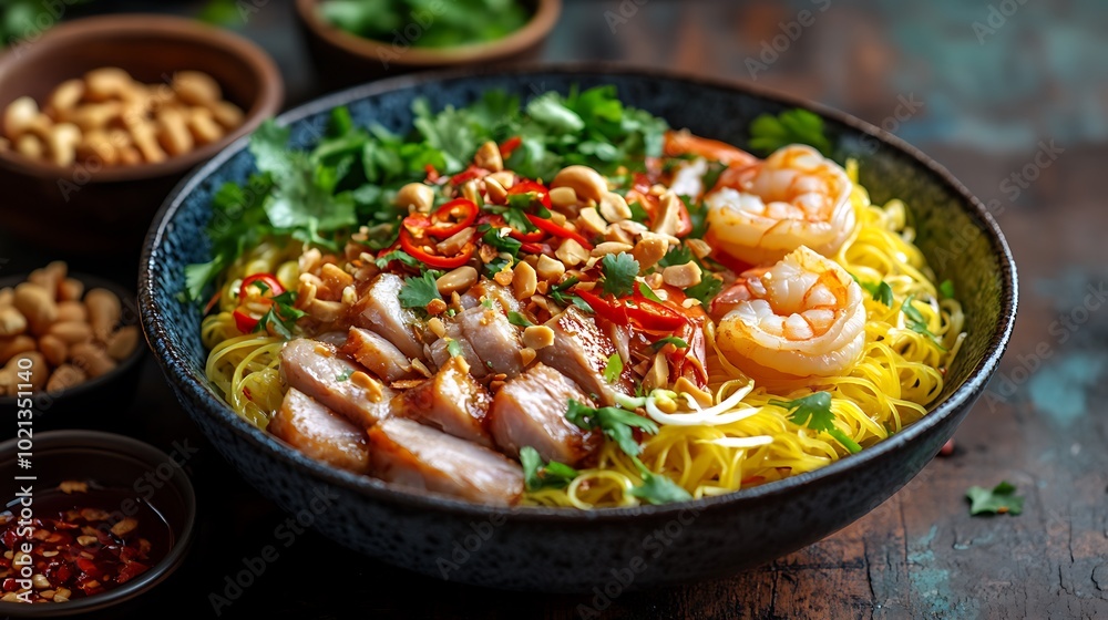 A vibrant close-up view of a Mi Quang bowl, focusing on the turmeric yellow noodles, plump shrimp, and slices of pork belly, topped with fresh herbs, roasted peanuts, and crispy rice crackers. A vibrant close-up view of a Mi Quang bowl, focusing on the turmeric yellow noodles, plump shrimp, and slices of pork belly, topped with fresh herbs, roasted peanuts, and crispy rice crackers.