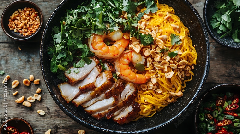A vibrant close-up view of a Mi Quang bowl, focusing on the turmeric yellow noodles, plump shrimp, and slices of pork belly, topped with fresh herbs, roasted peanuts, and crispy rice crackers. A vibrant close-up view of a Mi Quang bowl, focusing on the turmeric yellow noodles, plump shrimp, and slices of pork belly, topped with fresh herbs, roasted peanuts, and crispy rice crackers.