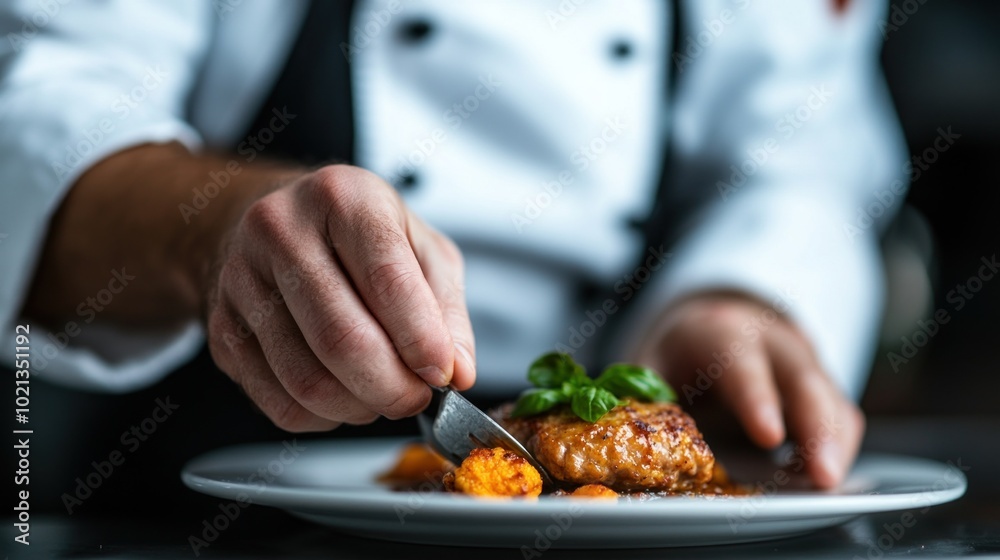 Chef preparing a gourmet dish in a restaurant kitchen, showcasing the creativity and precision involved in the culinary arts Chef preparing a gourmet dish in a restaurant kitchen, showcasing the creativity and precision involved in the culinary arts