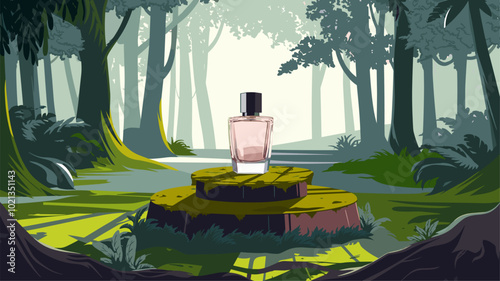 Mossy stone podium with perfume bottle in sun-dappled forest clearing.