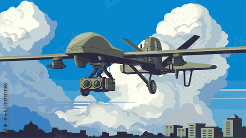Military drone soaring through cloudy sky on reconnaissance mission.