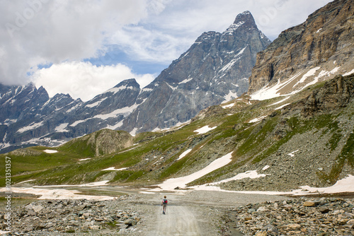 Εκτύπωση καμβά a female hiker with backpack and hiking poles in front of the mountain scenery o