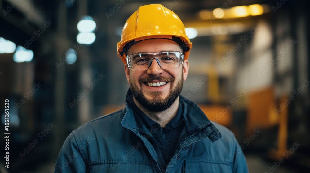 A smiling worker in a safety helmet and glasses, standing in an industrial setting. A smiling worker in a safety helmet and glasses, standing in an industrial setting.