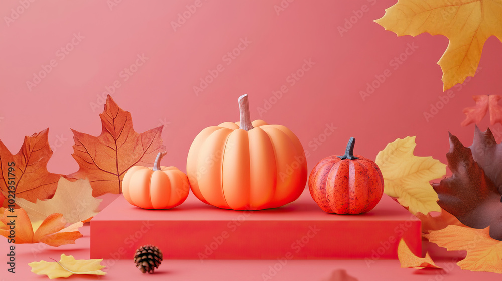 Stylish Autumn Pumpkins and Colorful Leaves on a Soft and Pleasing Pink Backdrop Stylish Autumn Pumpkins and Colorful Leaves on a Soft and Pleasing Pink Backdrop