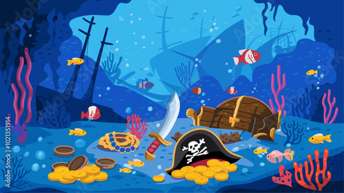 Submerged pirate tomb with treasures scattered on seabed, coral reefs, and fish.