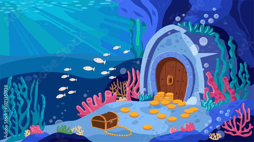 Submerged pirate tomb with treasures scattered on seabed, coral reefs, and fish.