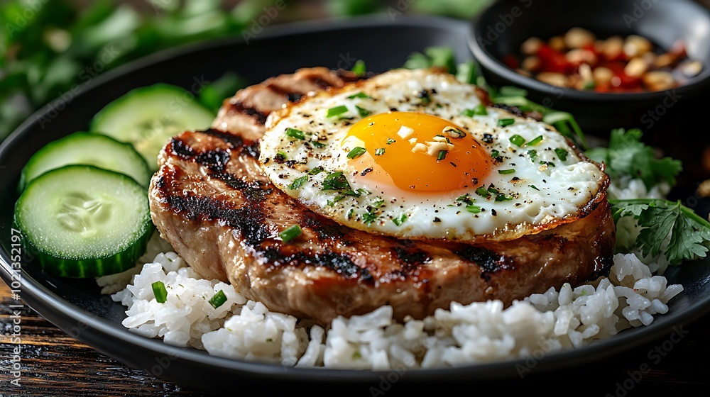 A vibrant close-up view of Com Tam, focusing on the grilled pork chop's charred edges and the sunny-side-up egg yolk glistening on top of broken rice. A vibrant close-up view of Com Tam, focusing on the grilled pork chop's charred edges and the sunny-side-up egg yolk glistening on top of broken rice.
