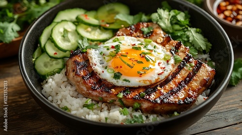 A vibrant close-up view of Com Tam, focusing on the grilled pork chop's charred edges and the sunny-side-up egg yolk glistening on top of broken rice.