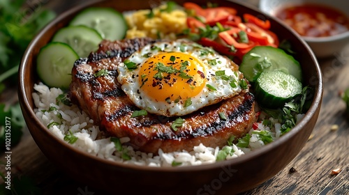 A vibrant close-up view of Com Tam, focusing on the grilled pork chop's charred edges and the sunny-side-up egg yolk glistening on top of broken rice.