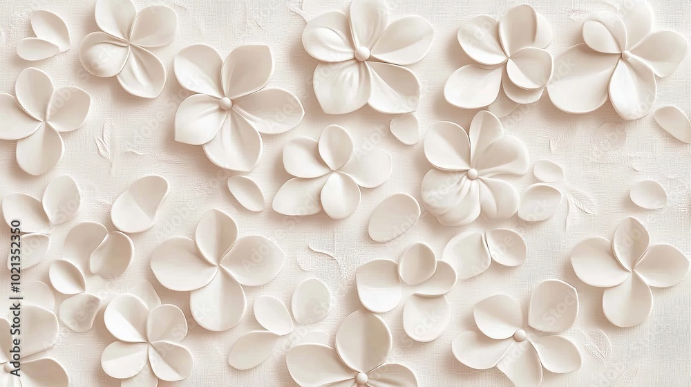 White 3D floral pattern on a light beige background.