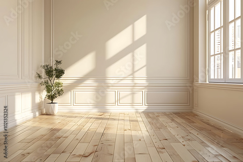 A bright and airy room with hardwood floors and natural light streaming in through the window.