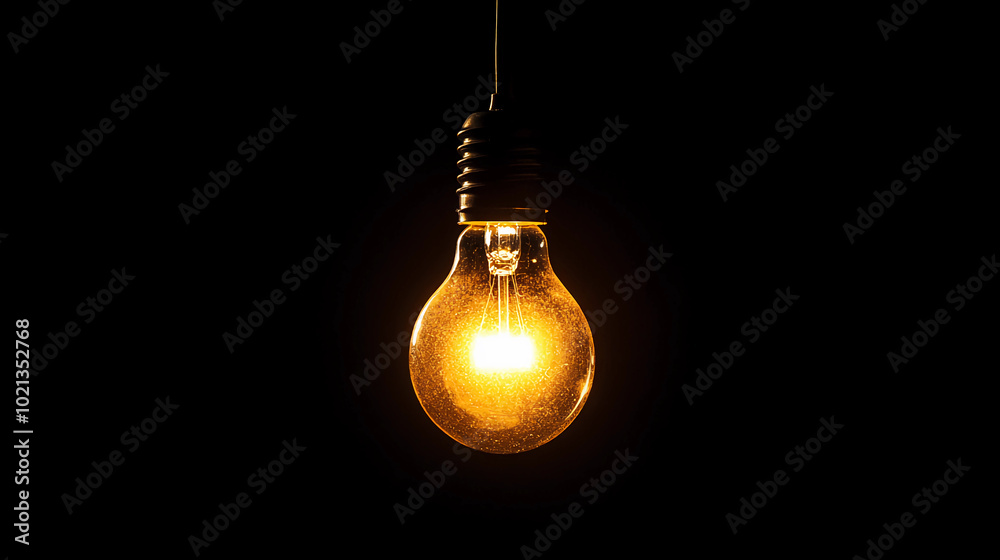 Glowing Light Bulb Hanging in Dark Background. Concept of Creativity, Inspiration, and Innovation. Glowing Light Bulb Hanging in Dark Background. Concept of Creativity, Inspiration, and Innovation.