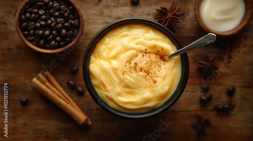 A vibrant, top-down view of a Vietnamese Egg Coffee, with a spoon dipped into the creamy egg layer, creating swirling patterns in the dark coffee. photo