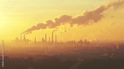 The skyline features silhouettes of factories, with smoke rising into the air against a backdrop of a vivid sunset, highlighting the impact of industrialization on the environment photo