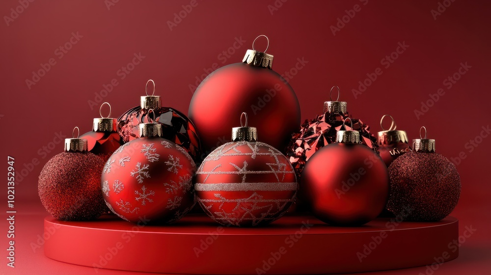 Red podium for christmas product display on red background Product display stand Christmas baubles decoration : Generative AI Red podium for christmas product display on red background Product display stand Christmas baubles decoration : Generative AI