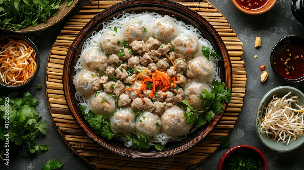 A wide-angle shot of a Banh Cuon platter placed on a bamboo mat, showcasing steamed rice rolls filled with minced pork and mushrooms, served with fresh herbs, bean sprouts, and a bowl of fish sauce. A wide-angle shot of a Banh Cuon platter placed on a bamboo mat, showcasing steamed rice rolls filled with minced pork and mushrooms, served with fresh herbs, bean sprouts, and a bowl of fish sauce.