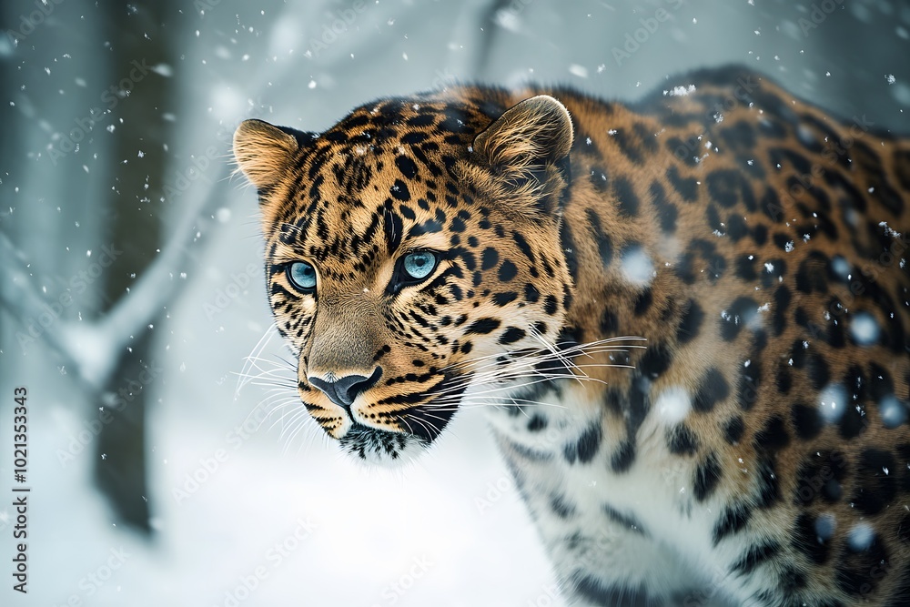 Obraz premium A leopard with striking blue eyes stares intently into the distance, snow falling around it.