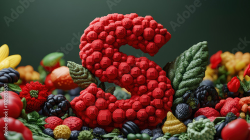 Wallpaper Mural A 3D letter "S" crafted from intricately detailed red berries, surrounded by various colorful fruits and leaves, creating a vibrant and artistic composition. Torontodigital.ca