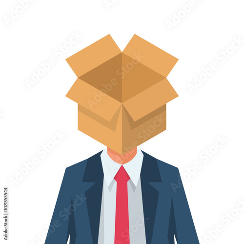 Empty Head. A man with an empty cardboard box instead of a head. Lack of brain and reason. Vector illustration flat design. Isolated on white background.