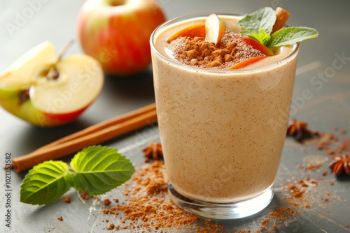 A refreshing apple smoothie with a sprinkle of cinnamon and a garnish of fresh mint.