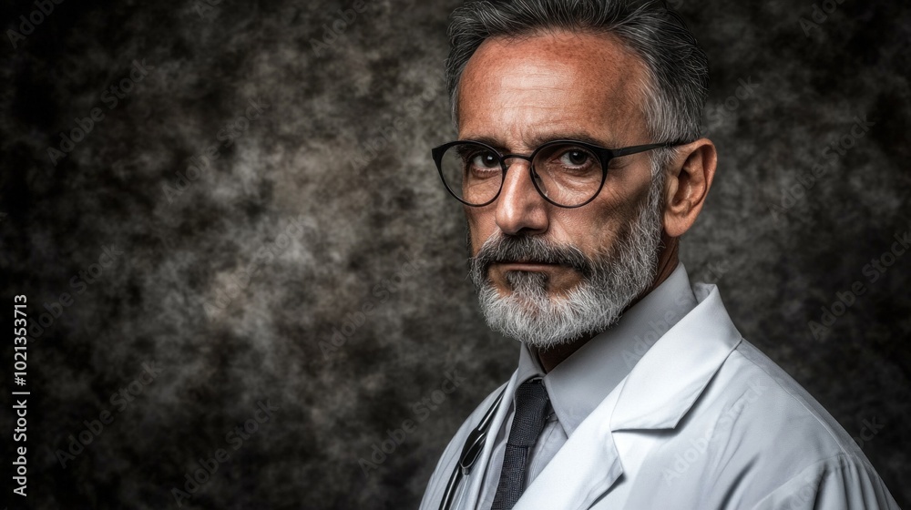 Fototapeta premium The healthcare professional stands straight, wearing a lab coat and glasses, exuding confidence and wisdom. The backdrop enhances the serious and professional atmosphere, emphasizing his role