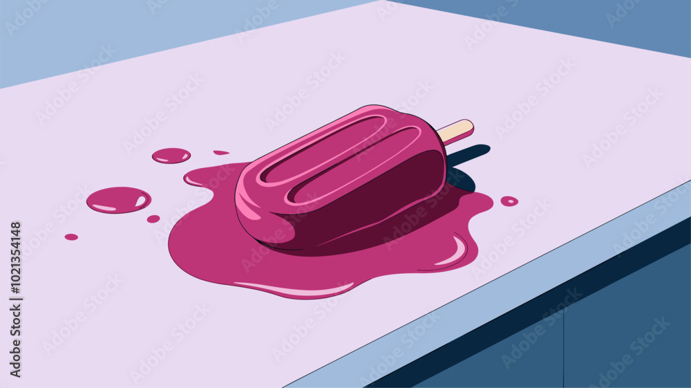 Single raspberry popsicle melting on a white countertop. Single raspberry popsicle melting on a white countertop.