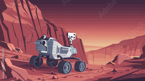 Martian rover exploring Valles Marineris canyon system.