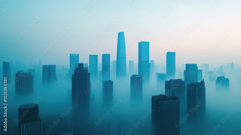 breathtaking aerial view of city enveloped in smog and haze, showcasing towering skyscrapers emerging from mist. serene blue tones create tranquil yet mysterious atmosphere breathtaking aerial view of city enveloped in smog and haze, showcasing towering skyscrapers emerging from mist. serene blue tones create tranquil yet mysterious atmosphere
