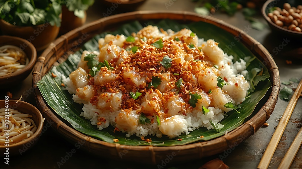 A wide-angle shot of a plate of Xoi served on a banana leaf, topped with golden fried shallots, pork floss, and steamed mung beans.