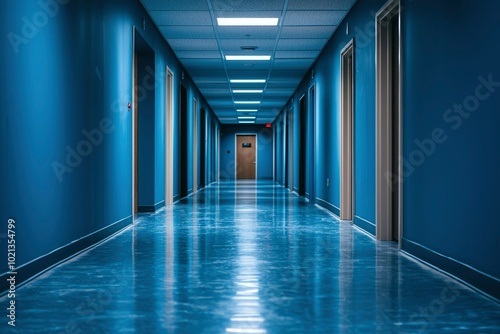 Empty Blue Hallway with Doors and Fluorescent Lights