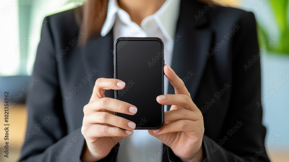 Businesswoman holding smartphone in office, focus on device, modern workspace. Businesswoman holding smartphone in office, focus on device, modern workspace.