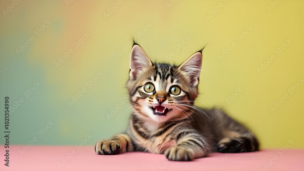 cat in colorful studio banner placed on right with copy space | Playful moment with pet, bright background | Cat themed visual marketing concept cat in colorful studio banner placed on right with copy space | Playful moment with pet, bright background | Cat themed visual marketing concept