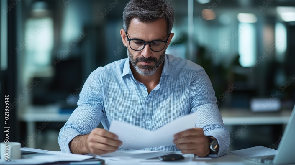 A focused business professional examines important documents at a sleek desk within a contemporary office environment filled with natural light A focused business professional examines important documents at a sleek desk within a contemporary office environment filled with natural light